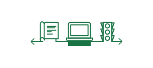 Book, computer screen, and traffic light icons indicating improved continuous vision with TECNIS SynergyTM IOL