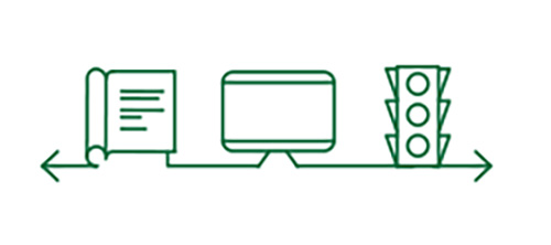 Book, computer, traffic light icons indicating improved distance vision